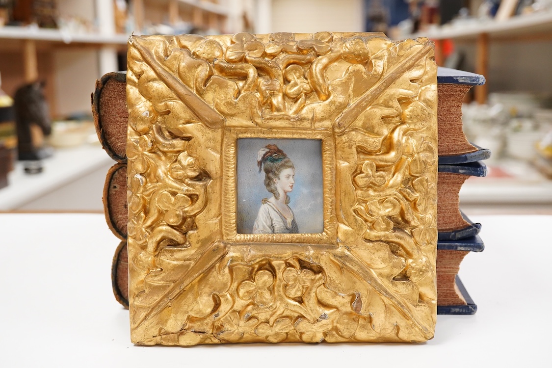 18th century School, Portrait miniature of Jane Fleming, daughter of John Fleming, Bart of Brompton Park married 23rd May 1779, Charles 3rd Earl, watercolour on ivory, inscribed in ink verso, housed in an ornate gilt fra